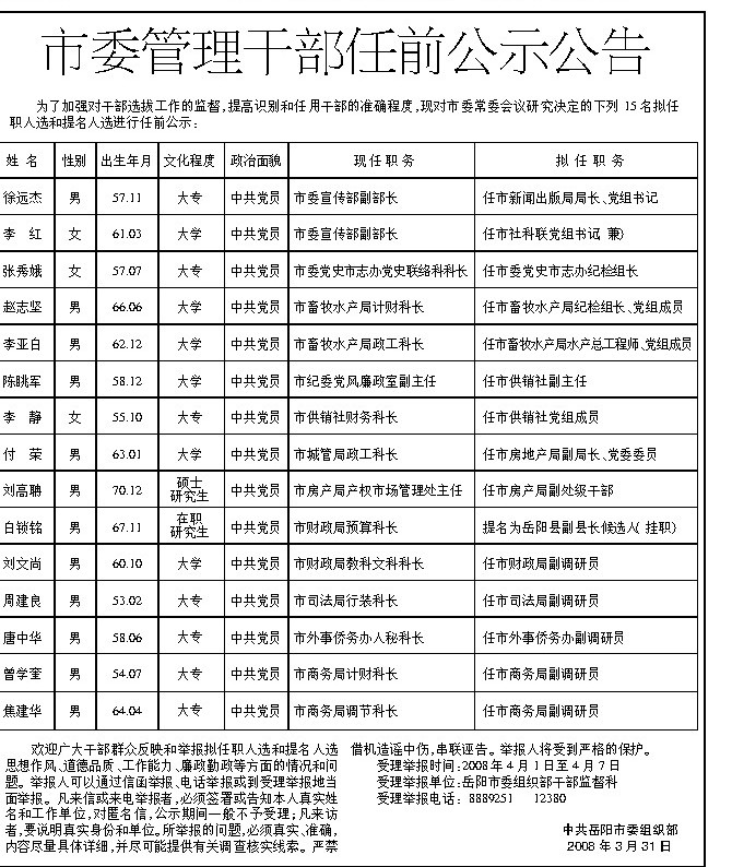 市委管理干部任前公示公告-岳阳日报