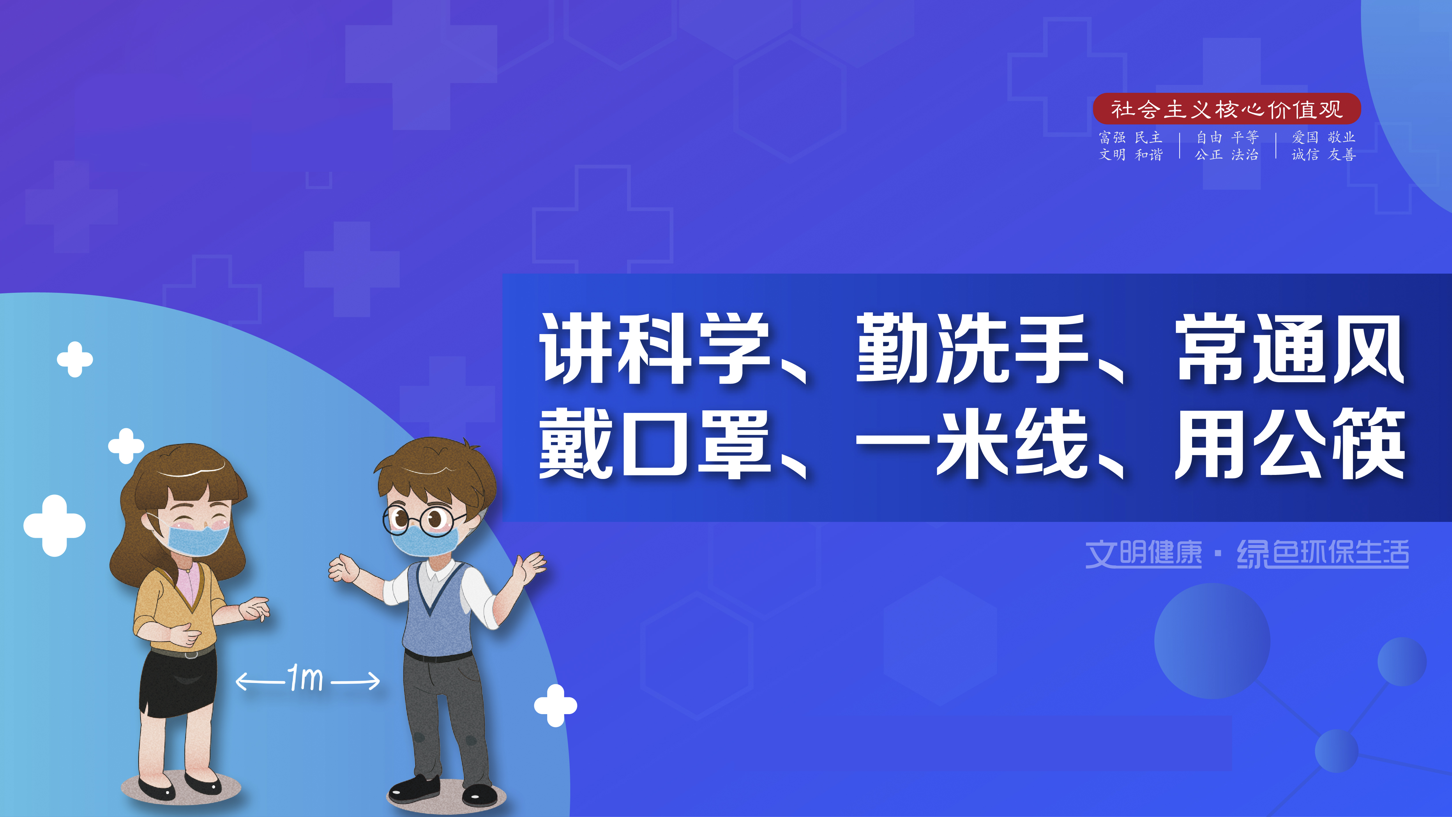 讲科学 勤洗手 常通风 戴口罩 一米线 用公筷